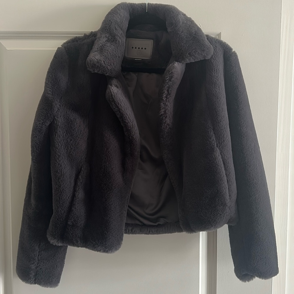 BlankNYC Dark Grey Cropped Faux Fur Jacket
